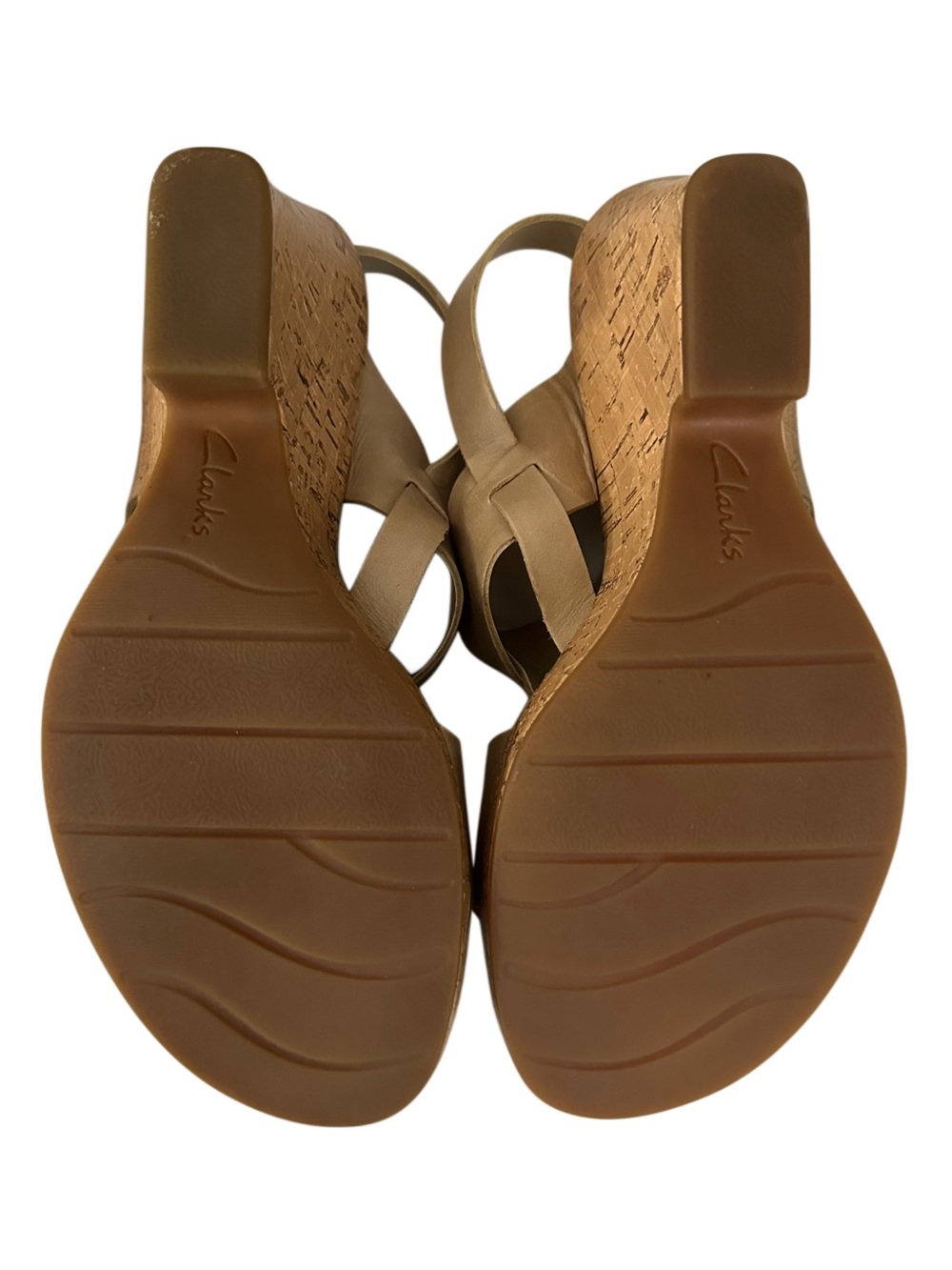Clarks Leather Cork Wedge Sandals Beige Taupe Slingback Size 9M Minimalist - Picture 10 of 10